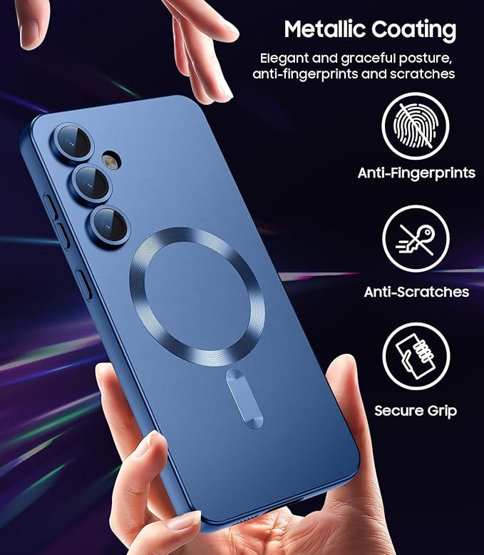Magnetic for Samsung Galaxy S25 Case [Compatible with MagSafe][Built-in Camera Lens Protector] Slim Soft Silicone Bumper Shockproof Metallic Luster Phone Case (Blue)