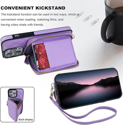 Bocasal Crossbody Wallet Case for iPhone 14 Pro Max, RFID Blocking PU Leather Zipper Handbag Purse Flip Cover, Kickstand Folio Case with Card Slots Holder Wrist Strap Lanyard 5G 6.7 Inch (Purple)