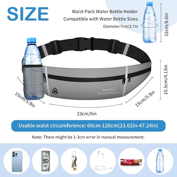 SooGree Slim Running Belt Sport Fanny Pack for Women Men,Outdoor Reflective Waist Pack Runner Pouch Belt, Zipper Waterproof Running Phone Holder Jogging Pouch for Phone Money Belt Waist Bag (Gray)