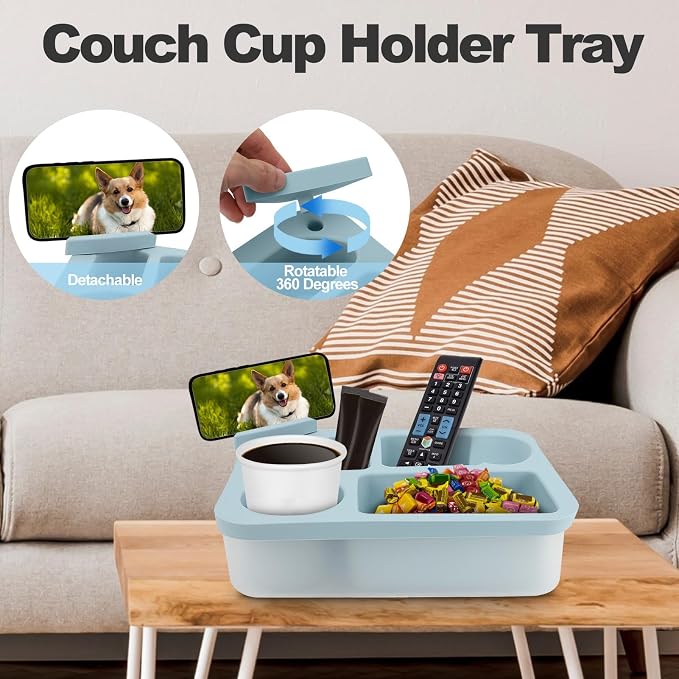 Couch Cup Holder Tray for Bed Sofa Organizer, Silicone Couch Caddy with Rotatable Phone Holder, Anti Spill Couch Drink Holder for Snacks Beverage TV Remote Cellphone(Blue)