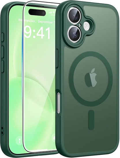 FNTCASE for iPhone 16 Case: [Compatible with Magsafe] Translucent Matte Cases with [Full Camera Protection] [Screen Protector] Military Grade Shockproof Protective Phone Cover - Green