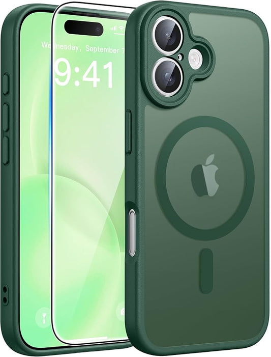 FNTCASE for iPhone 16 Case: [Compatible with Magsafe] Translucent Matte Cases with [Full Camera Protection] [Screen Protector] Military Grade Shockproof Protective Phone Cover - Green