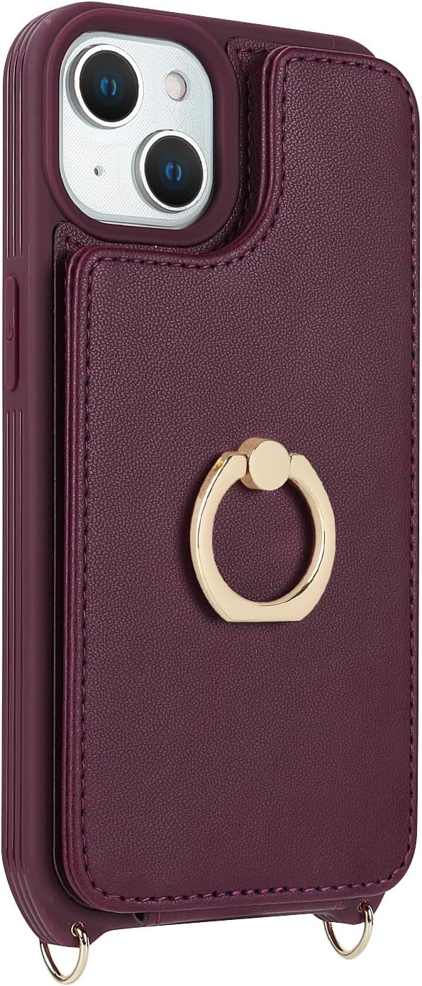 Lipvina for iPhone 14 Case with Card Holder and Strap for Women,Crossbody Lanyard,RFID Blocking,Stand Ring Kickstand,Snap Clasp,Phone Wallet Cases 6.1 inch(Wine Red)