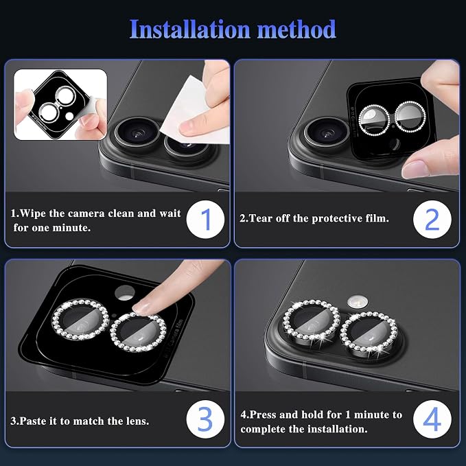 ShinKin Camera Lens Protector for iPhone 17, Glitter Camera Cover, 9H Tempered Glass Individual Metal Ring Camera Protector for iPhone 17 (Diamond - Black)