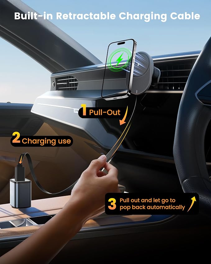 for MagSafe Car Mount Charger, 15W Fast Wireless Cars Charger with Retractable Charging Cable, Magnetic Car Phone Holder for iPhone 17/16/15/14/13/12 Series (Plus & Mini) (Black)
