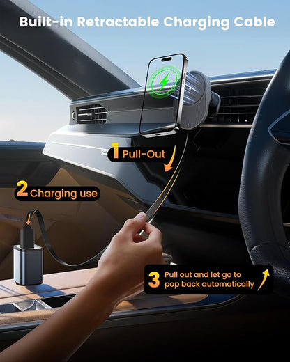 for MagSafe Car Mount Charger, 15W Fast Wireless Cars Charger with Retractable Charging Cable, Magnetic Car Phone Holder for iPhone 17/16/15/14/13/12 Series (Plus & Mini) (Black)