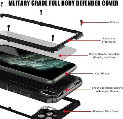 Mitywah Waterproof Case for iPhone 11 Pro Max, Heavy Duty Military Grade Metal Case Built-in Screen Protection, Full Body Protective Rugged Defender Phone Case, Black