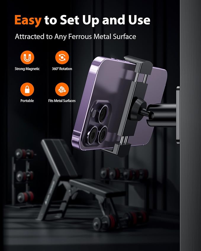 Stouchi Gym Magnetic Phone Holder, 360° Adjustable [N55 Dual Magnet] Phone Mount Gym Accessories for Women/Men, All Metal Portable Workout Essentials Compatible with 4.7-6.5" Smartphones, Black