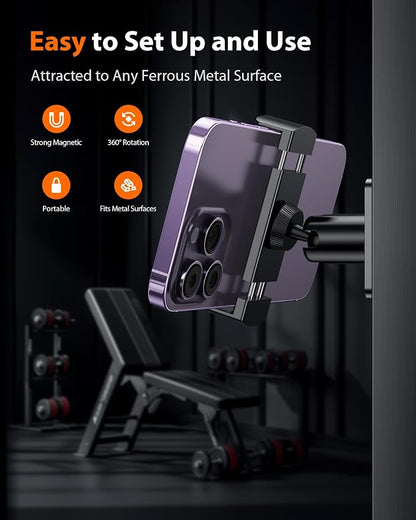 Stouchi Gym Magnetic Phone Holder, 360° Adjustable [N55 Dual Magnet] Phone Mount Gym Accessories for Women/Men, All Metal Portable Workout Essentials Compatible with 4.7-6.5" Smartphones, Black