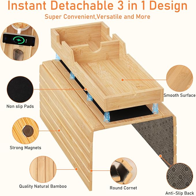 Bamboo Foldable Sofa Armrest Tray with Magnetic Detachable Cup Holder & Anti-Slip Pad | Versatile Couch Arm Table for Drinks, Snacks, Phone, Remote Control Organizer
