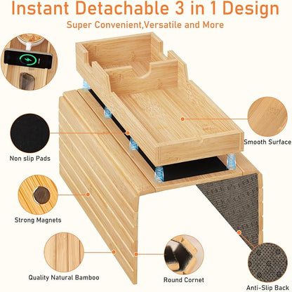 Bamboo Foldable Sofa Armrest Tray with Magnetic Detachable Cup Holder & Anti-Slip Pad | Versatile Couch Arm Table for Drinks, Snacks, Phone, Remote Control Organizer