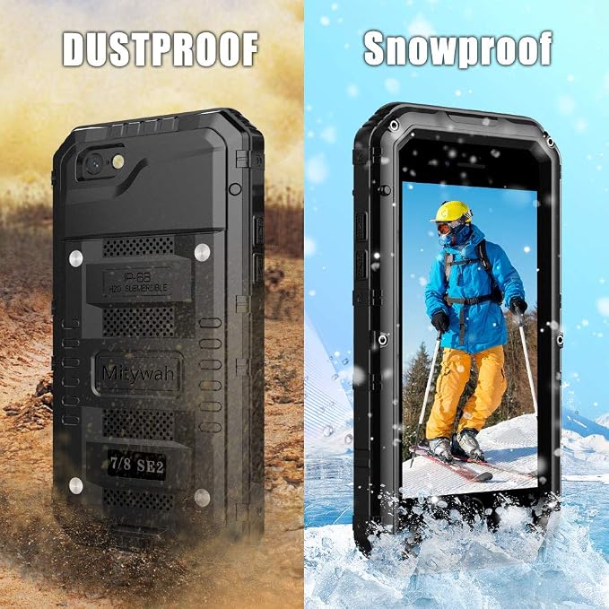Mitywah Waterproof Case for iPhone SE 2020, Heavy Duty Durable Metal Full Body Protective Case Built-in Screen Protection Waterproof Shockproof Dustproof Rugged Military Grade Defender, Black