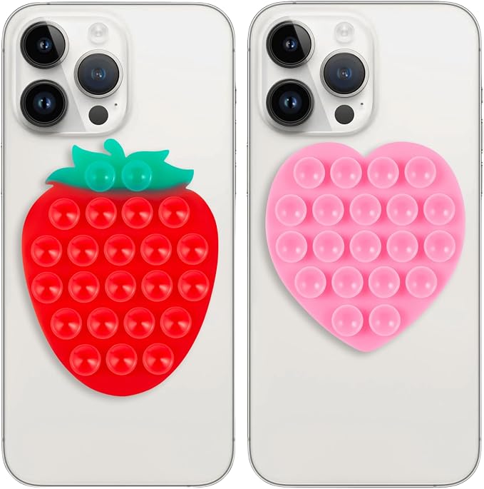 CIEO Silicone Phone Grip 2 pcs, Strong Suction Phone Holder, Suitable for Selfies and Videos on Mirrors, bathrooms and Smooth Surfaces, Compatible with iPhone, Samsung(Strawberry Shaped, Heart Shape)