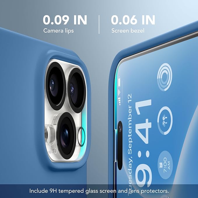 GONEZ for iPhone 14 Pro Case, Compatible with Magsafe, with Screen Protector + Camera Lens Protector, Soft Anti-Scratch Microfiber Lining, Shockproof Liquid Silicone Phone Cover, Lake Blue