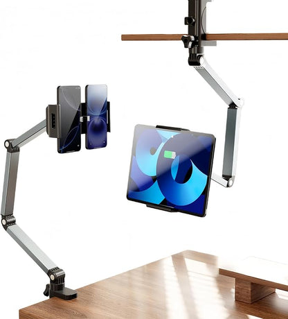 Aluminum Foldable Arm Tablet Stand, 360° Rotatable Phone Holder iPad Stand, Adjustable Tablet Mount for 4.7"-13" iPad, iPhone, Galaxy Tab, Compatible with Desk Bedside Kitchen, Gray