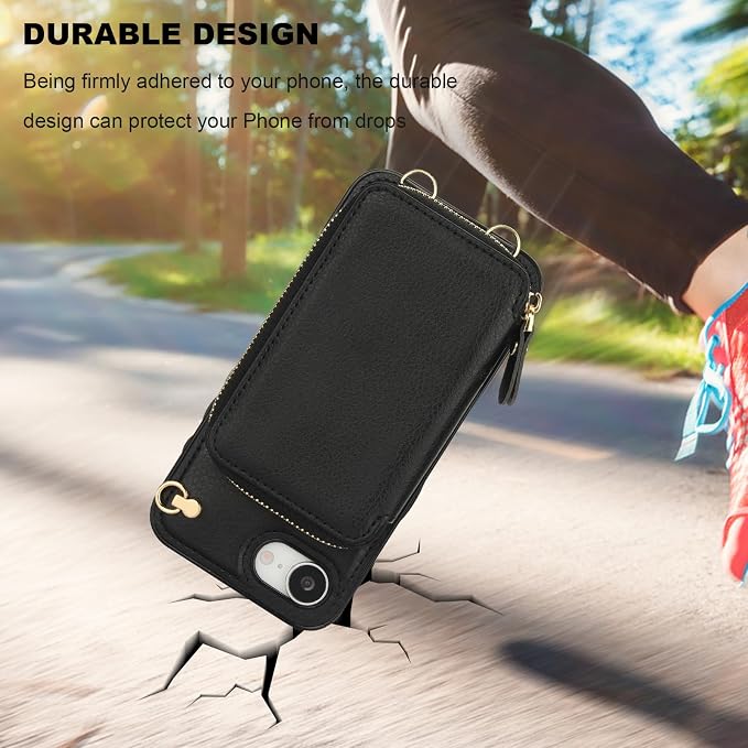Bocasal Crossbody Wallet Case for iPhone 17e/16e, RFID Blocking Leather Purse Case with Card Holder, Protective Handbag Flip Cover with Zipper Wrist Strap Lanyard for Women 5G 6.1 Inch (Black)