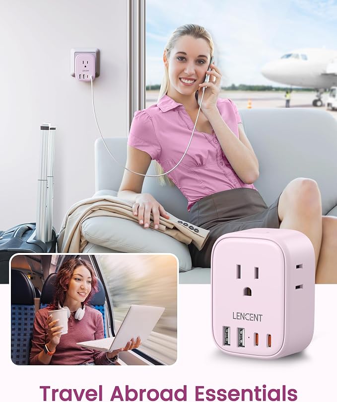 LENCENT European Travel Plug Adapter US to Europe Type-C Foldable Plug | with 4 Outlets 4 USB Ports (2 USB C), Power Adaptor for USA to EU Euro Iceland Spain Italy France Germany Greece, Pink