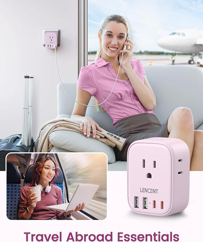 LENCENT European Travel Plug Adapter US to Europe Type-C Foldable Plug | with 4 Outlets 4 USB Ports (2 USB C), Power Adaptor for USA to EU Euro Iceland Spain Italy France Germany Greece, Pink