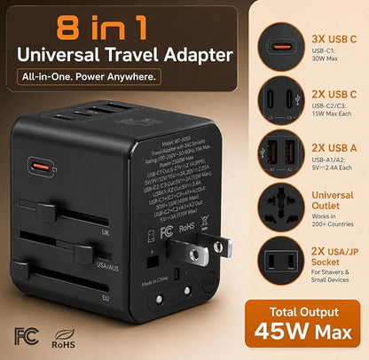 Compact Travel Adapter Europe & Power adapters for International Travel, UK, US, EU and 200+ Countries with Fast USB-C & USB-A Charging
