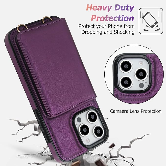 LOHASIC for iPhone 16 Pro Max Case Wallet with Detachable Crossbody Strap & Wrist Lanyard, RFID Blocking, 4 Card Slots 2 Cash Pockets, Vegan Leather Case with Card Holder for Women Girls, Purple
