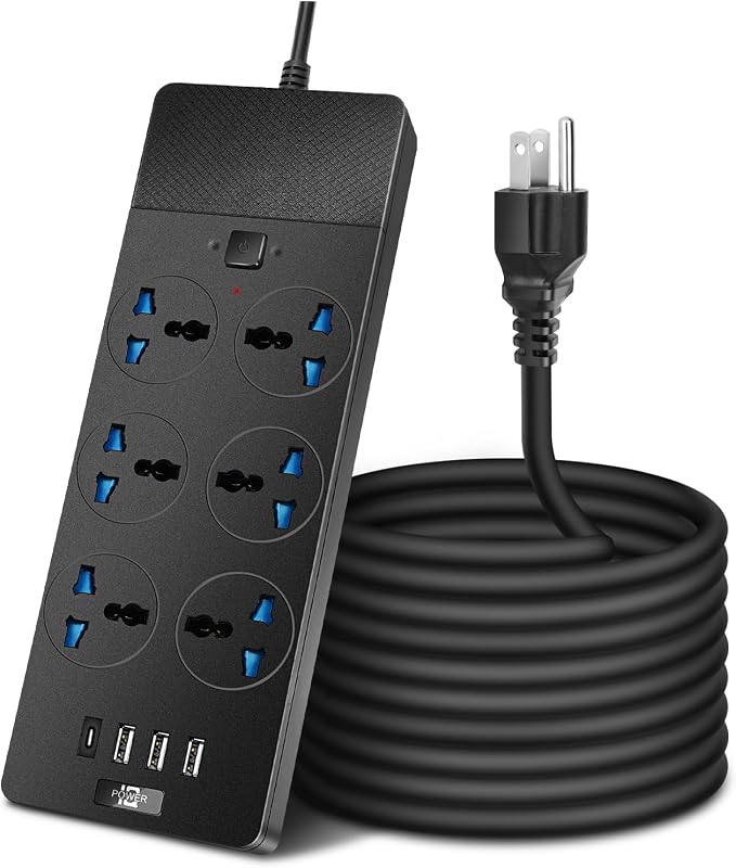 Universal Power Strip with 6 Oulets, 3 USB and 1 Type C, 6.5ft Extension Cord 3000W Universal Power Strip Surge Protector 110V-250V Extension Lead for Home Office Dorm Room (Black)