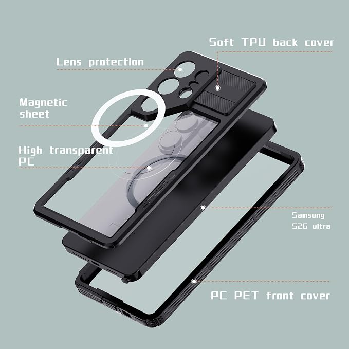 Losin Compatible with Galaxy S26 Ultra Case Waterproof Magnetic [Compatible with MagSafe] [Drop Protection] [IP68 Underwater] Full Body Shockproof Protective Phone Case, Black
