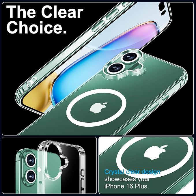 xiwxi for iPhone 16 Plus Case, [Compatible with Magsafe], with Screen Protector+Camera Protector, [Military-Grade Drop Protection], Anti-Yellowing Magnetic Phone Case-Clear