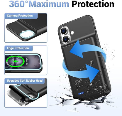 Battery Case for iPhone 16, Ultra-Slim 7000mAh Portable Extended Charging Charger Case [2026 Upgraded] w/Tempered Glass Film for iPhone 16 (6.1inch), Black