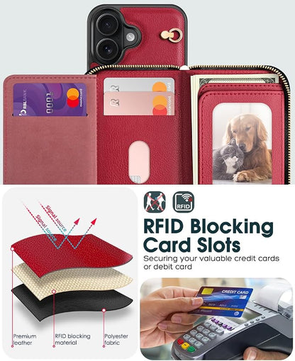 OCASE Compatible with iPhone 16 Crossbody Wallet Case with Card Holder, PU Leather Zipper Handbag Phone Purse with RFID Blocking Kickstand Wrist Strap Lanyard 6.1 Inch, Dark Red