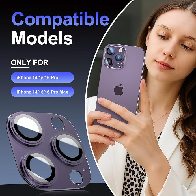 for iPhone 14/15/16 Pro & Pro Max Camera Lens Protector [2 Pack], Step Tempered Glass with Metal Alloy Frame, for iPhone 14 pro max Camera Lens Protector, Ultra Clear Photography, Purple
