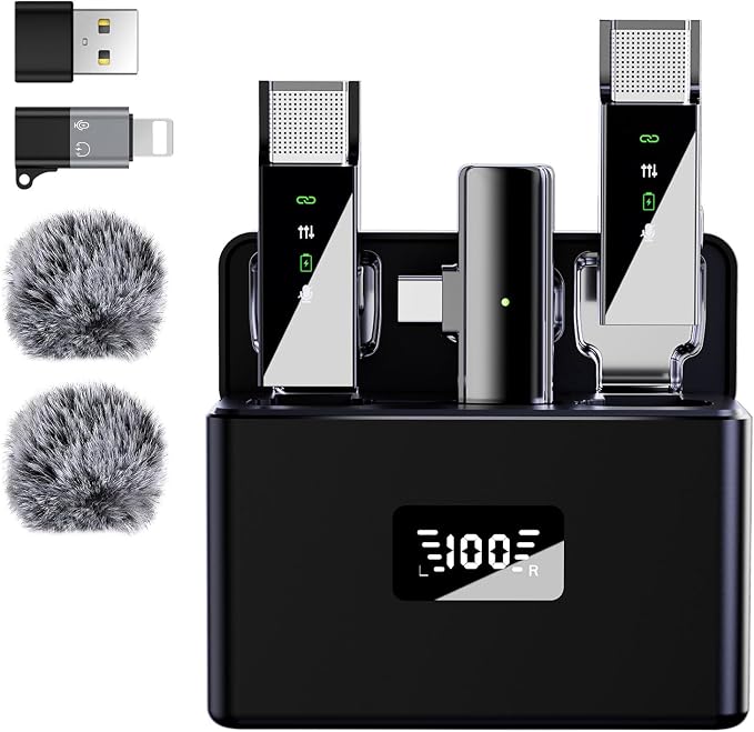 Pro Wireless Lavalier Lapel Microphone System for iPhone Android Phone PC Laptop with USB C/Lightning, 48KHz 24Bit, 30H Battery, Reverb, Noise Cancelling for Video Recording Podcast Stream Vlog