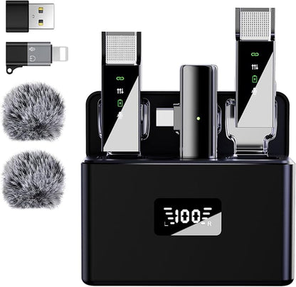 Pro Wireless Lavalier Lapel Microphone System for iPhone Android Phone PC Laptop with USB C/Lightning, 48KHz 24Bit, 30H Battery, Reverb, Noise Cancelling for Video Recording Podcast Stream Vlog