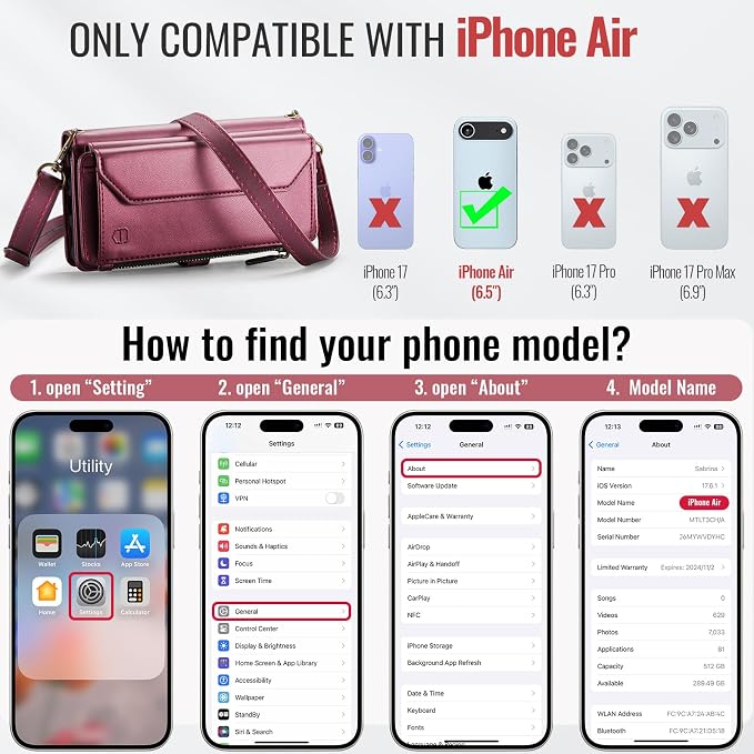 Strapurs Wallet Case Compatible with iPhone Air 6.5" RFID Blocking 10-Card Holder Soft PU Leather Magnetic Snap Shoulder Strap Zipper Pocket Phone Case Fit for iPhone 17 Air for Women - WineRed