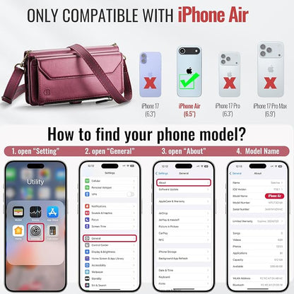 Strapurs Wallet Case Compatible with iPhone Air 6.5" RFID Blocking 10-Card Holder Soft PU Leather Magnetic Snap Shoulder Strap Zipper Pocket Phone Case Fit for iPhone 17 Air for Women - WineRed