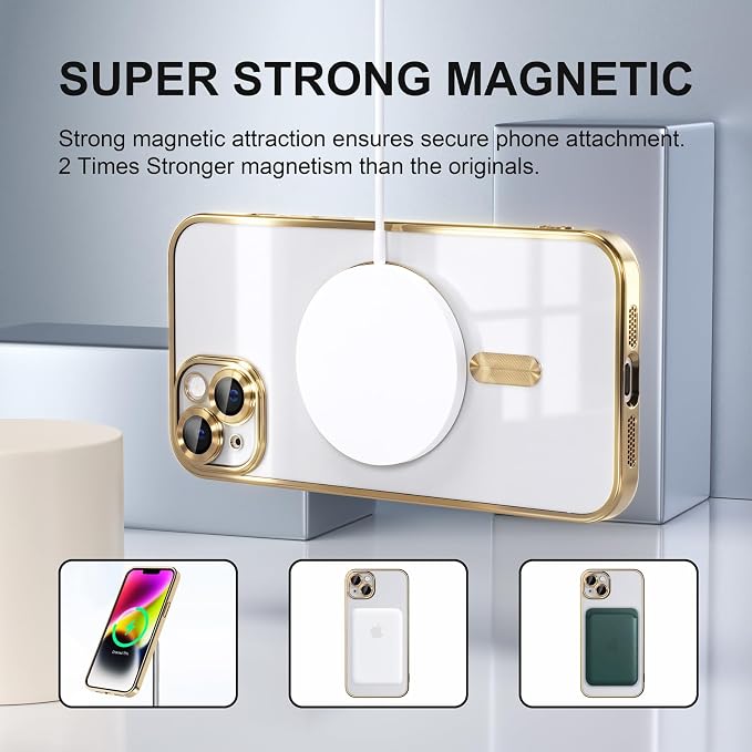 Misea Magnetic for iPhone 14 Case Compatible with MagSafe [Never Yellowing] [Military Grade Drop Protection] Full Camera Lens Protector Plating Soft Clear Phone Case for Women Girls, Gold