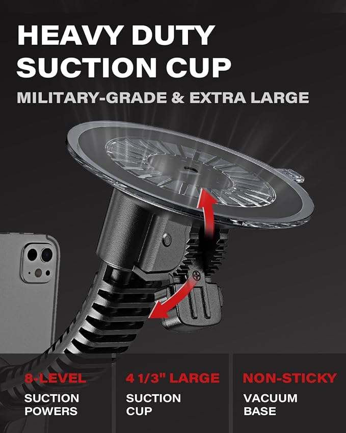 APPS2Car Heavy-Duty Truck Tablet Holder, 4.33" Extra Large Vacuum Suction Cup, Ultra Stable Double-Rib Metal Arm Anti-Shake, Adjustable Tablet Car Mount for iPad fit Pickup Trucks, Semi Truck, Tractor
