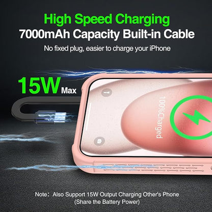 GIN FOXI Battery Case for iPhone 15/15 Pro, Charging Case Charger 7000mAh Portable Rechargeable Cover 15W Fast Ultra Slim Extended Battery Pack Juice Box Built-in Cable, Pink(6.1”)