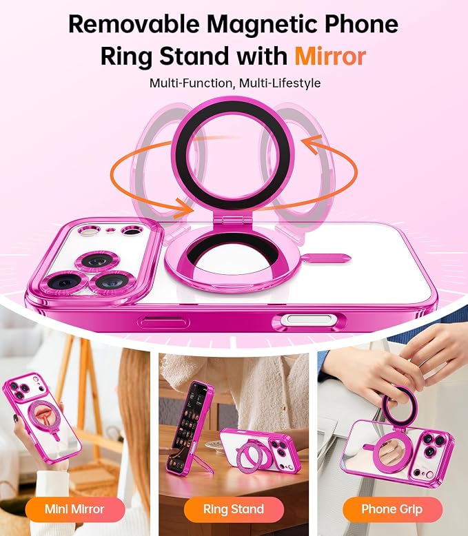 Meifigno Designed for iPhone 17 Pro Magnetic Case with Removable Phone Ring Stand, [Glitter Card & Wrist Strap] [MagSafe Compatible] [Built-in Mirror] Phone Ring Stand + Phone Case Kit, Hot Pink