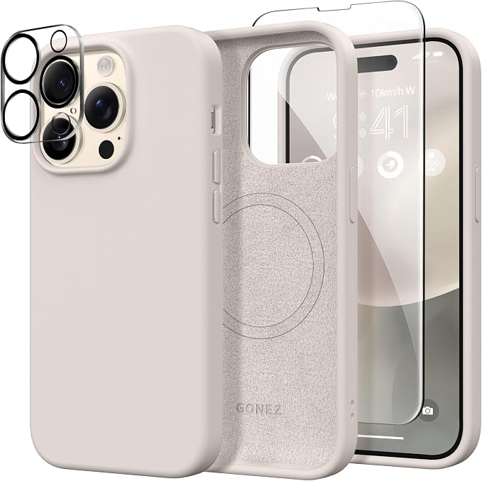 GONEZ for iPhone 14 Pro Max Case Silicone, Compatible with MagSafe, with Screen Protector + Camera Lens Protector, Liquid Silicone Shockproof Protective Phone 14 ProMax Case 6.7", Stone