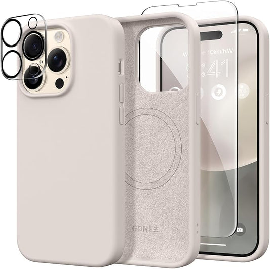 GONEZ for iPhone 14 Pro Max Case Silicone, Compatible with MagSafe, with Screen Protector + Camera Lens Protector, Liquid Silicone Shockproof Protective Phone 14 ProMax Case 6.7", Stone