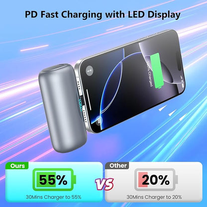 [2-Pack]Mini Portable Charger for iPhone 17/16,5500mAh LCD Display USB C Power Bank,Fast Phone Charging Travel Pocket Size Battery Pack for iPhone 17/17 Pro Max/Air/16/15 Series,Android(Black+Silver)