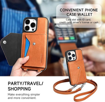 LUCKYCOIN for iPhone 14 Pro Crossbody Wallet Case – Genuine Leather Phone Purse with Adjustable Strap and Card Holder,Lanyard Phone Purse Case for Women,Vintage Brown