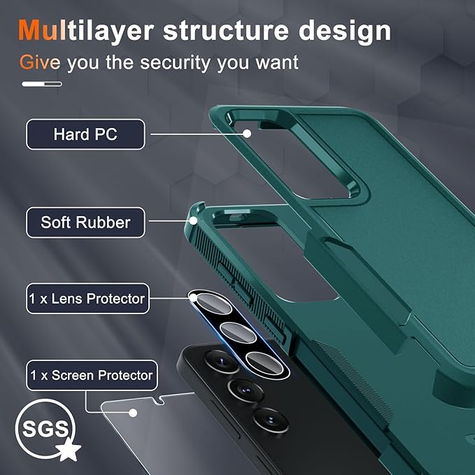 RMOCR Case for Samsung Galaxy S25 Plus, Full Body Heavy Duty Rugged Shockproof Protective Phone Cover with Lanyard Strap, Tempered Glass Screen Protector and Camera Lens Cover, Dark Green