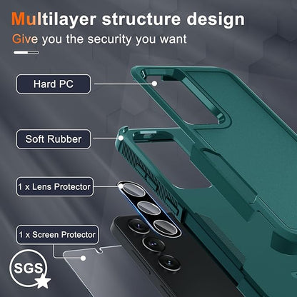 RMOCR Case for Samsung Galaxy S25, Full Body Heavy Duty Rugged Shockproof Protective Phone Cover with Lanyard Strap, Tempered Glass Screen Protector and Camera Lens Cover, Dark Green