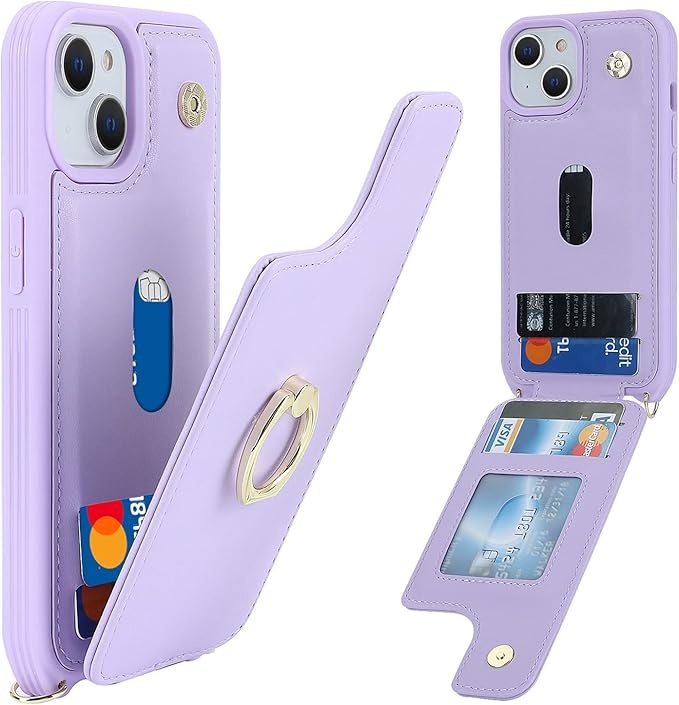 Lipvina for iPhone 13 Case with Card Holder for Women,Phone Case with Strap,Crossbody Lanyard,RFID Blocking,Ring Stand,Snap Clasp,Cute Wallet Cases for iPhone 13 6.1 inch(Purple)