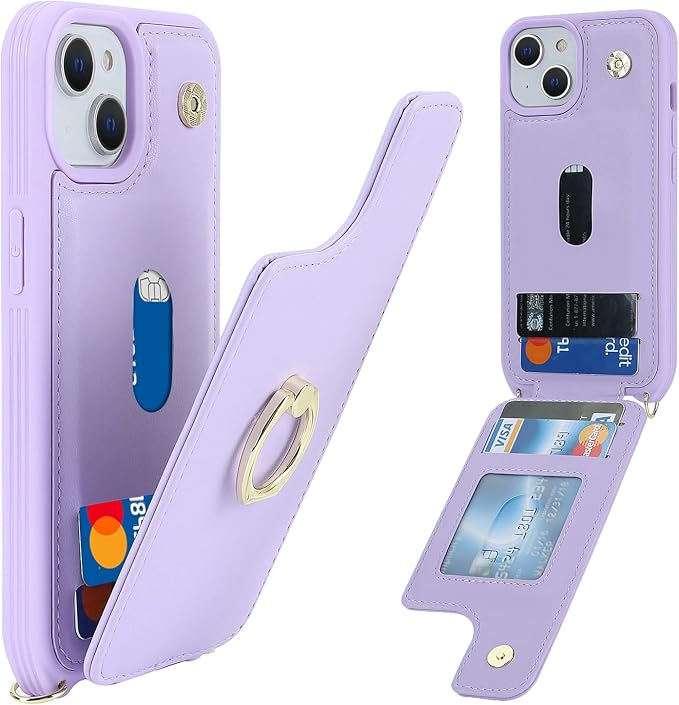 Lipvina for iPhone 14 Plus Case with Card Holder and Strap for Women,Crossbody Lanyard,RFID Blocking,Stand Ring Kickstand,Snap Clasp,Phone Wallet Cases 6.7 inch(Purple)