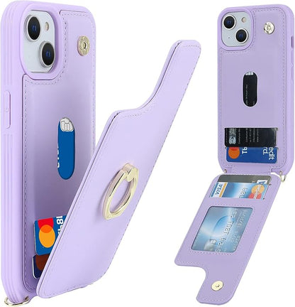 Lipvina for iPhone 14 Plus Case with Card Holder and Strap for Women,Crossbody Lanyard,RFID Blocking,Stand Ring Kickstand,Snap Clasp,Phone Wallet Cases 6.7 inch(Purple)