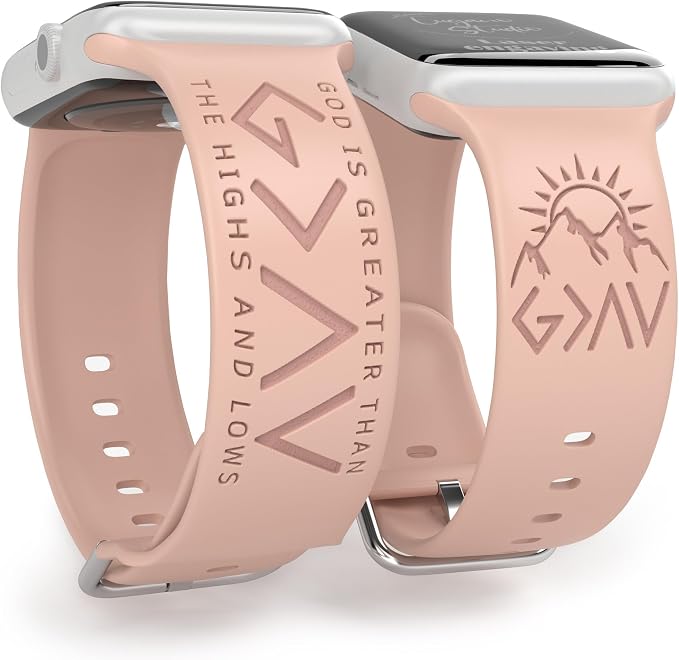 God is Greater Than the Highs and Lows Watch Band Compatible with Apple Watch Laser Engraved iWatch Band Silicone 38mm - 49mm Strap Jesus Psalm Christian God Blessed (38/40/41mm M/L, Pink Sand)