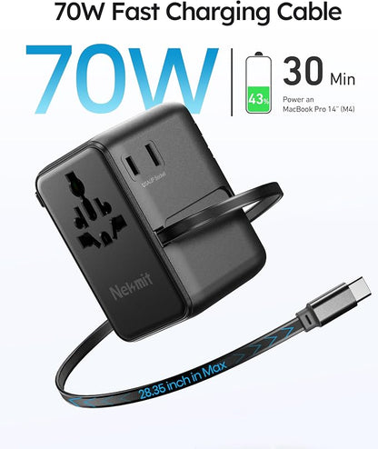 70W Universal Travel Adapter, Nekmit International Power Adapter with Retractable USB C Fast Charger Cable, 6-Port Travel Plug with 2 AC, 2 USB-A and 2 USB-C Ports Compatible with Over 200 Countries