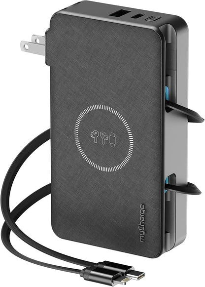 myCharge RetractaCharger 10000mAh Portable Charger Power Bank with 28-Inch Retractable USB-C & Lightning Cables | Qi Wireless Charging | Built-in Wall Plug | Premium Fabric | Digital Display